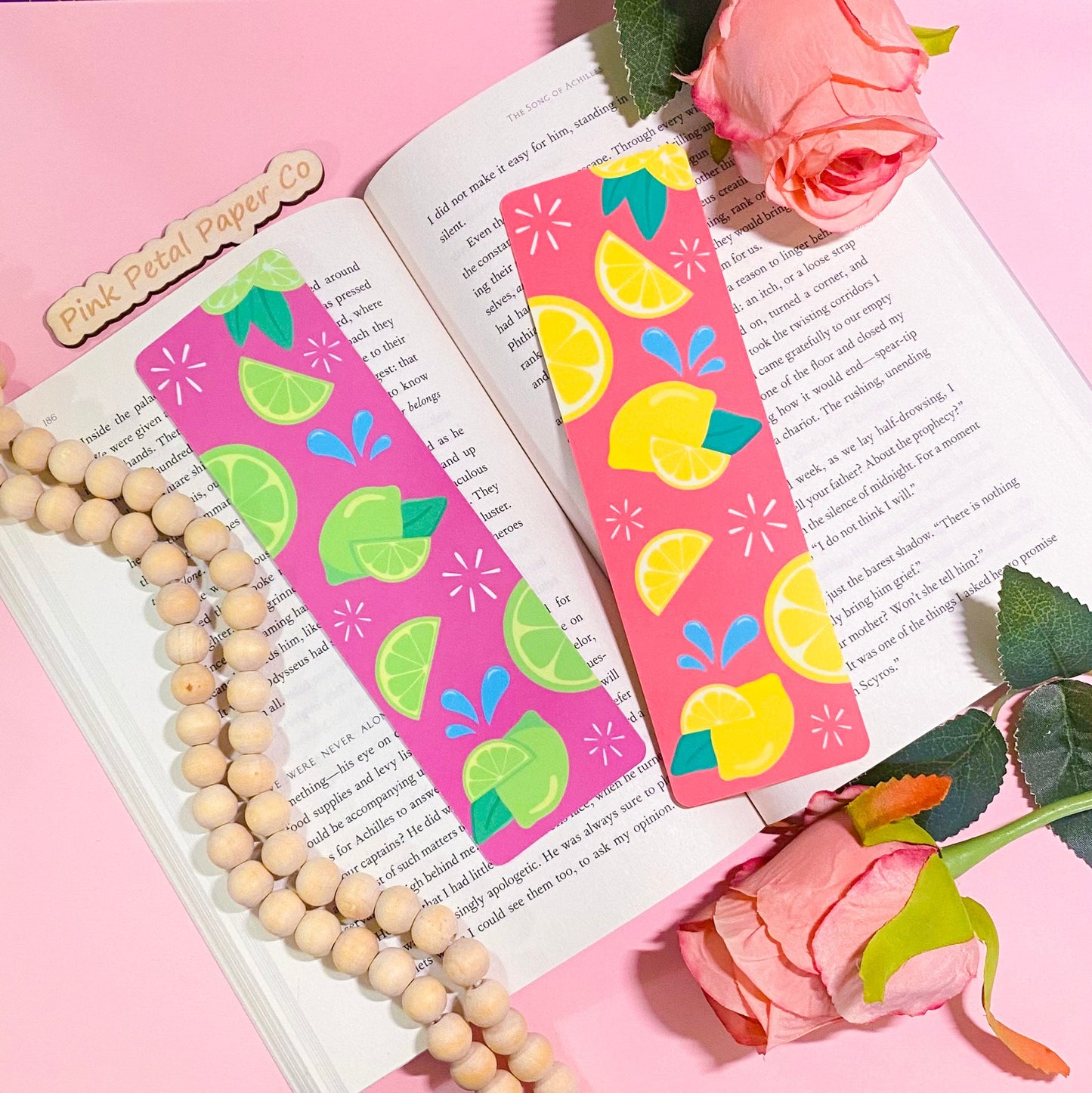 Handmade Lemon Lime Bookmark Set, Cozy Summer Bookmark Set, Fruit Bookmark Set, Fruity Bookworm Gift, Cute Pink Handmade Bookmark Gift