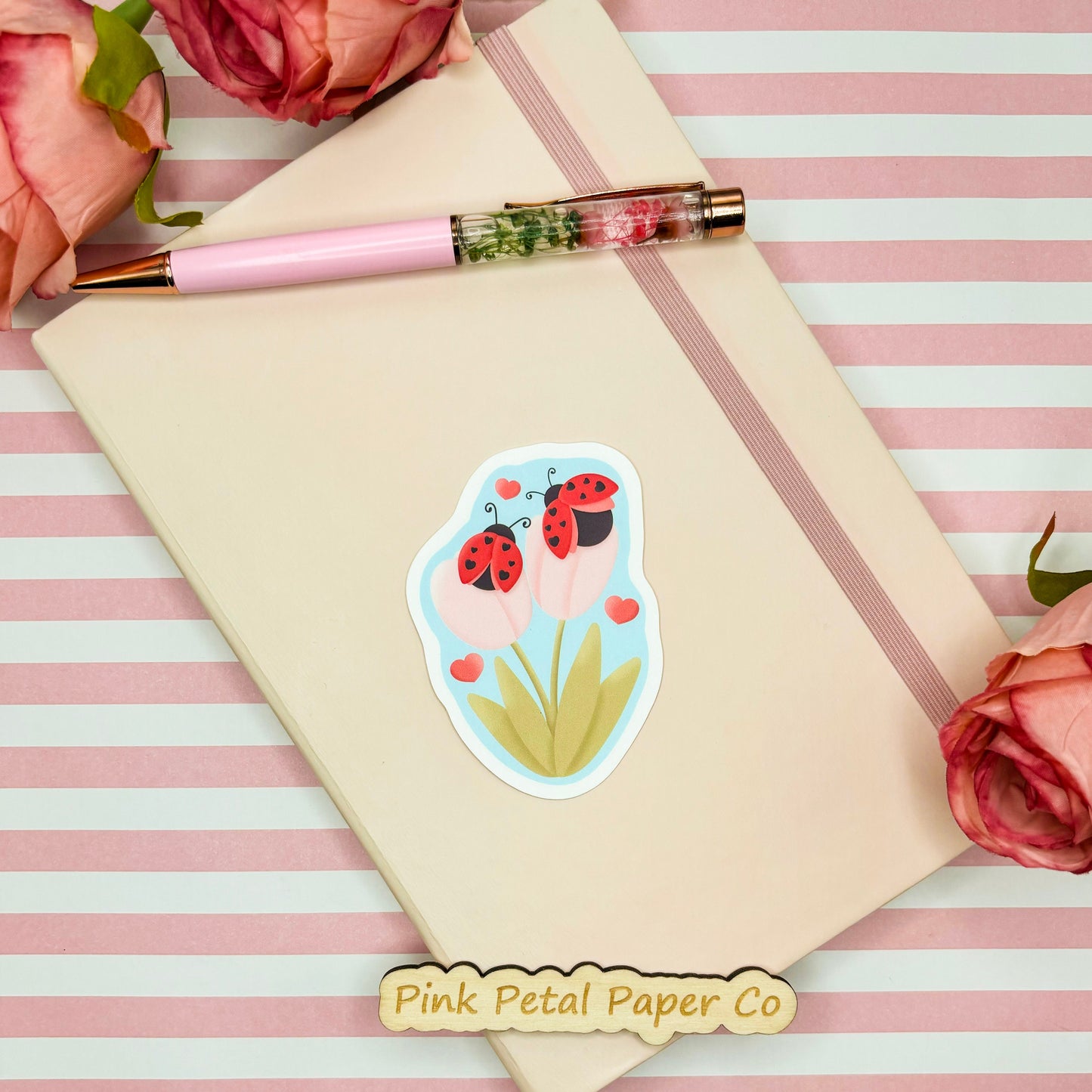 Cute Ladybug Flower Stickers, Vinyl Waterproof Sticker, Floral Nature Ladybug Stickers, Water Bottle Stickers, Cute Gifts for Women