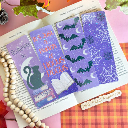 Cozy Purple Halloween Bookmark Set, Cute Holographic Girly Bookmark Set, Handmade Gifts for Book Lovers, Booklover Bookworm Gifts