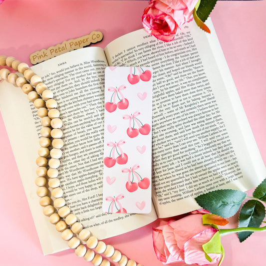 Coquette Cherry Bookmark, Cute Girly Bookmark, Pink Bow Bookmark, Handmade Gifts for Book Lover, Booklover Bookworm Gift, Soft Girl Bookmark