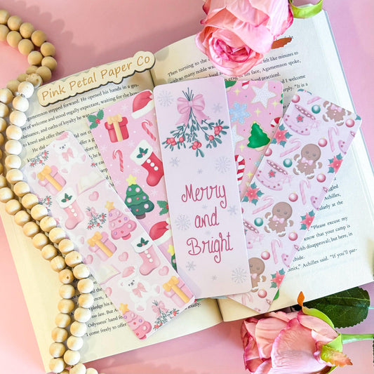 Pink Christmas Coquette Bookmark Set, Cute Girly Bookmark for Kids, Handmade Gift for Mom, Christmas Gift for Reader, Soft Girl Era Bookmark