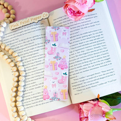 Pink Christmas Coquette Bookmark Set, Cute Girly Bookmark for Kids, Handmade Gift for Mom, Christmas Gift for Reader, Soft Girl Era Bookmark